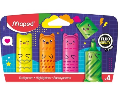 Maped Kawaii Pack con 4 Mini Marcadores Fluorescentes Neon - Divertidos Dise&ntilde;os Kawaii - Trazo de 1 a 5mm - Ideal para Subrayar y Resaltar - Colores Surtidos