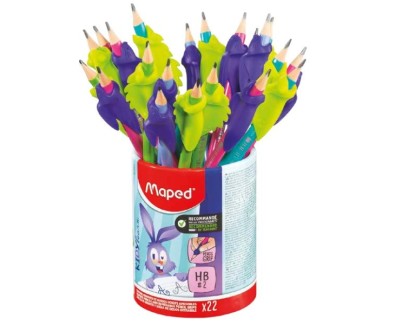 Maped Kidy Lern Bote con 22 Lapices de Grafito 2HB + Guias para Dedos - 2 Modelos Camaleon y Conejo - Apta para la Mayoria de Lapices - Para Alumnos de 3 a 7 A&ntilde;os