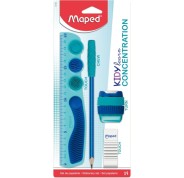 Maped Kidy Lern Concentration Pack con Regla 20cm + Sacapuntas + Goma de Borrar + Lapiz - Diseñados para Ayudar a la Concentracion - Zonas Tactiles Sensoriales - Color Azul