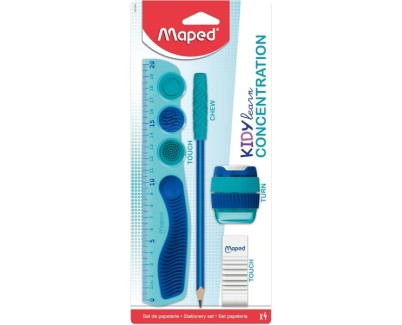 Maped Kidy Lern Concentration Pack con Regla 20cm + Sacapuntas + Goma de Borrar + Lapiz - Dise&ntilde;ados para Ayudar a la Concentracion - Zonas Tactiles Sensoriales - Color Azul