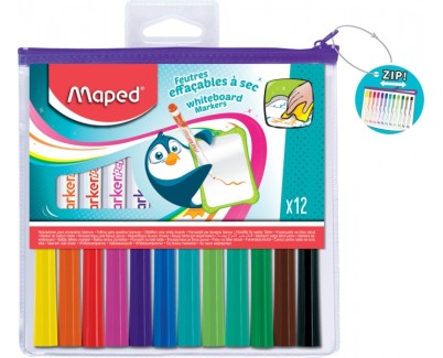 Maped Marker\'Peps Pack de 12 Rotuladores para Pizarra Blanca - Punta de Bala 1.5mm - Borrado en Seco - Practica Bolsa con Cremallera - Colores Surtidos