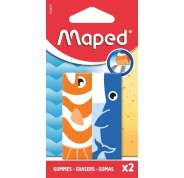 Maped Pack con 2 Gomas de Borrar con 3 Diseños de Animales - Forma Rectangular - Sin Ftalatos - Colores Surtidos