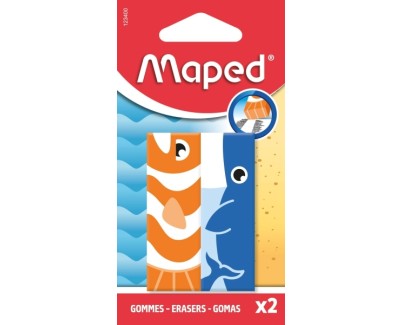 Maped Pack con 2 Gomas de Borrar con 3 Dise&ntilde;os de Animales - Forma Rectangular - Sin Ftalatos - Colores Surtidos