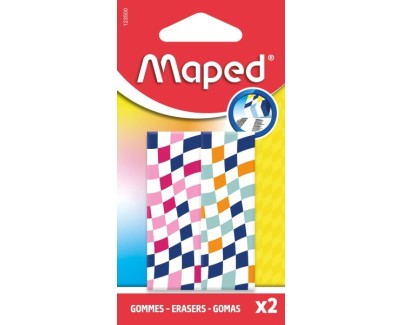 Maped Pack de 2 Gomas de Borrar con 3 Dise&ntilde;os Damero - Forma Rectangular - Sin Ftalatos - Colores Surtidos