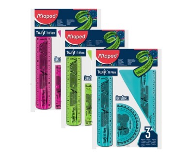 Maped Twist´n Flex Original Pack de Reglas Flexibles - Regla 15cm, Cartabon 60º/15cm, Transportador 180º/10cm - Colores Surtidos Aleatorios