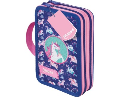 Maped Unicornio Estuche de 2 Pisos con 38 Articulos: Goma de Borrar, Sacapuntas, Lapiz de Grafito HB, 2 Boligrafos, Regla, 18 Lapices de Colores, 12 Rotuladores, Tijeras y Subrayador