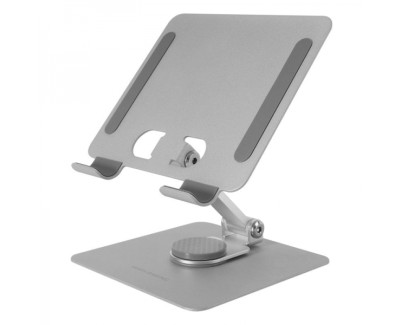Mars Gaming MA-RST Soporte Tablet Convertible - Acero Resistente - Rotacion 360º - Ajuste Altura 180º - Ultrafino y Plegable - Base Antideslizante - Color Plata