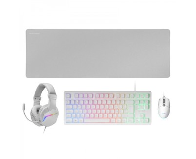 Mars Gaming MCP-RGB3 Combo Gaming 4en1 - Teclado TKL H-Mech - Raton 3200 DPI RGB - Auriculares FRGB con Cancelacion de Ruido - Alfombrilla XXL Antideslizante - Color Blanco