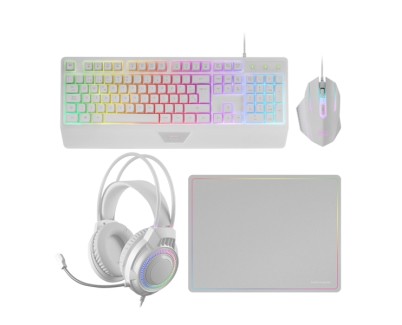 Mars Gaming MCP124PRO Combo Pack Gaming 4en1 - Teclado Hibrido H-Mech - Disposicion Francesa AZERTY FR - Raton 3200dpi - Alfombrilla Nanotextil - Color Blanco