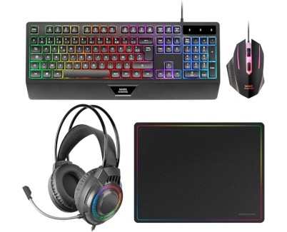 Mars Gaming MCP124PRO Combo Pack Gaming 4en1 - Teclado Hibrido H-Mech - Disposicion Portuguesa QWERTY PT - Raton 3200dpi - Alfombrilla Nanotextil - Color Negro