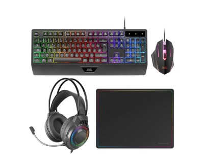Mars Gaming MCP124PRO Combo Pack Gaming 4en1 - Teclado Hibrido H-Mech - Disposicion QWERTY ES - Raton 3200dpi - Alfombrilla Nanotextil - Color Negro