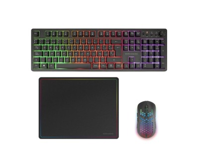 Mars Gaming MCPWX Combo Pack Gaming 3en1 - Teclado Hibrido H-Mech - Disposicion QWERTY ES - Raton 3200dpi - Switches HUANO - Color Negro