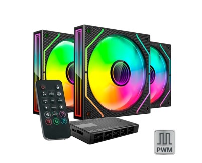 Mars Gaming MF-3DPROKIT Pack de 3 Ventiladores de 120mm - Iluminacion ARGB Infinity Mirror 360&ordm; - Silencioso 12dB - Mando a Distancia y Hub ARGB - Color Negro