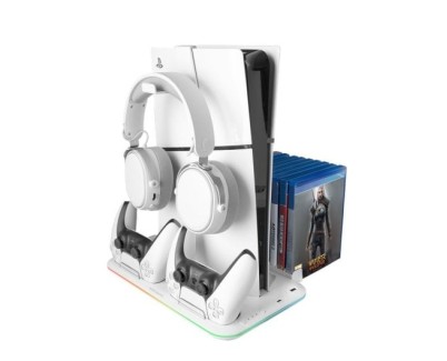 Mars Gaming MPS5-B2 Soporte Multifuncion para PS5 - Carga Dual - Refrigeracion Silenciosa - Iluminacion RGB - Soporte Auriculares - Organizador 15 Juegos - Color Blanco