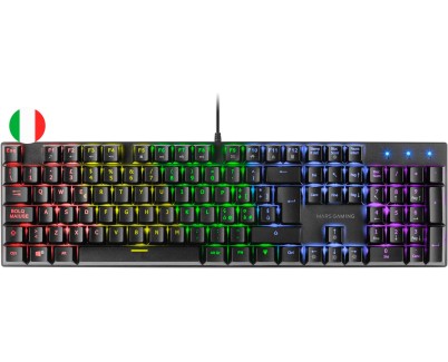 Mars Gaming Teclado Mecanico RGB MK422 - Tecnologia Antipolvo - 12 efectos de Iluminacion - Teclas imborrables - Funciones Multimedia y Modo Juego - PR de 1000Hz - Anti-Ghosting Avanzado - Compatibilidad Multiplataforma - Italiano - Color Negro