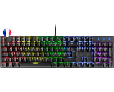 Mars Gaming Teclado Mecanico RGB MK422 - Tecnologia Antipolvo - Efectos de Iluminacion Rainbow - Teclas Ultra-resistentes - Funciones Multimedia y Modo Juego - PR de 1000Hz - Anti-Ghosting Avanzado - Compatibilidad Multiplataforma - Frances - Color Negro