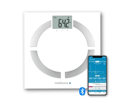 Medisana BS444 Bascula de Analisis Corporal con Bluetooth - Medicion de Peso, IMC, BMR y Composicion Corporal - Sensores de Alta Precision - Pantalla LCD Facil de Leer - Memoria para 8 Usuarios - Sincronizacion con App