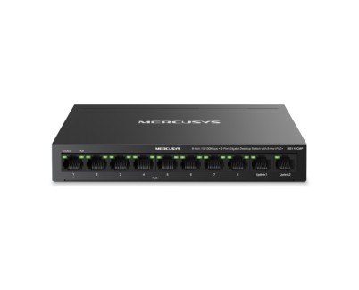 Mercusys MS110CMP Swtich 10 Puertos RJ45 - 8 Puertos 10/100Mbps PoE+ - 2 Puertos Gigabit - Hasta 250 Metros de Alcance - Color Negro