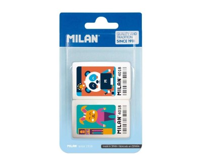 Milan 4018 Pack de 2 Gomas de Borrar Rectangulares - Miga de Pan - Caucho Suave Sintetico - Dibujos Infantiles a Color