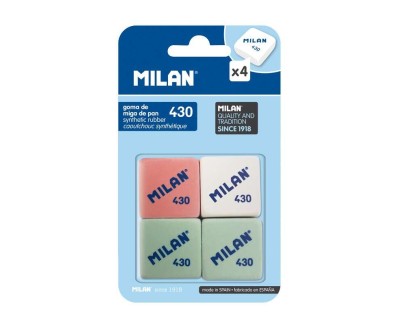 Milan 430 Pack de 4 Gomas de Borrar Cuadradas - Miga de Pan - Suave Caucho Sintetico - Colores Surtidos