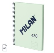 Milan 430 Since 1918 Cuaderno A5 con Espiral - Papel a Lineas de 7mm - 80 Hojas de 95g - Tapa Dura - Color Menta