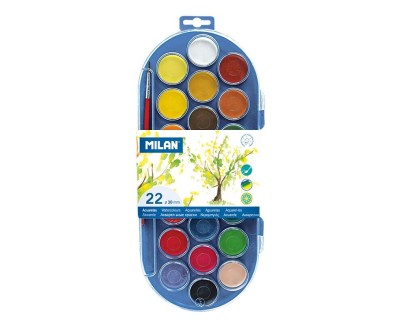 Milan 80022 Estuche de 22 Acuarelas Ø30 mm + Pincel  Serie 101 - Mezclable - Colores Surtidos
