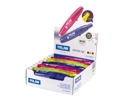 Milan Acid Expositor con 12 Cintas Correctoras con Pulsador 5mm x 6m - Colores Surtidos