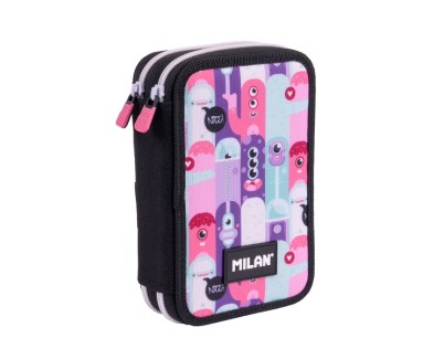 Milan Aliens 2 Plumier de 2 Pisos con Regla - Sacapuntas - Gomas de Borrar - Lapices de Grafito y de Colores - Rotuladores - Boligrafo Azul - 19.5x13x5cm - Color Rosa