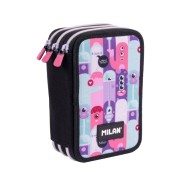 Milan Aliens 2 Plumier de 3 Pisos con Goma de Borrar - Sacapuntas - Lapiz - 3 Boligrafos - Regla - 12 Lapices de Colores - 6 Lapices de Colores Metalizados - 5 Fluorescentes - Tijeras y 18 Rotuladores - 19.5x13x7.5cm - Color Rosa