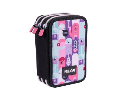 Milan Aliens 2 Plumier de 3 Pisos con Goma de Borrar - Sacapuntas - Lapiz - 3 Boligrafos - Regla - 12 Lapices de Colores - 6 Lapices de Colores Metalizados - 5 Fluorescentes - Tijeras y 18 Rotuladores - 19.5x13x7.5cm - Color Rosa