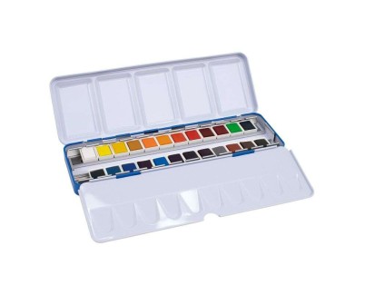 Milan Art Estuche Metalico de 24 Acuarelas Medio Godet - Opacos y Resistentes a la Luz - Mezclables - Bandeja Abatible - Colores Surtidos