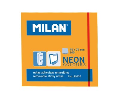 Milan Bloc de 100 Notas Adhesivas - Removibles - 76mm x 76mm - Color Naranja Neon