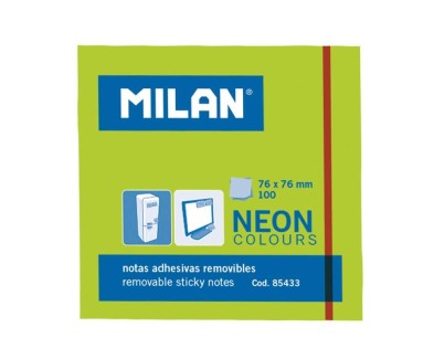 Milan Bloc de 100 Notas Adhesivas - Removibles - 76mm x 76mm - Color Verde Neon