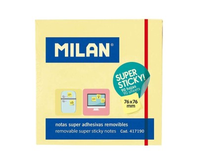 Milan Bloc de 90 Notas Super Adhesivas - Removibles - Mayor Permanencia - 76mm x 76mm - Color Amarillo Pastel