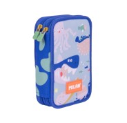 Milan Blue Odyssey Plumier de 2 Pisos con Regla - Sacapuntas - Gomas de Borrar - Lapices de Grafito y de Colores - Rotuladores - Boligrafo Azul - 19.5x13x5cm - Multicolor