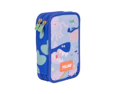 Milan Blue Odyssey Plumier de 2 Pisos con Regla - Sacapuntas - Gomas de Borrar - Lapices de Grafito y de Colores - Rotuladores - Boligrafo Azul - 19.5x13x5cm - Multicolor