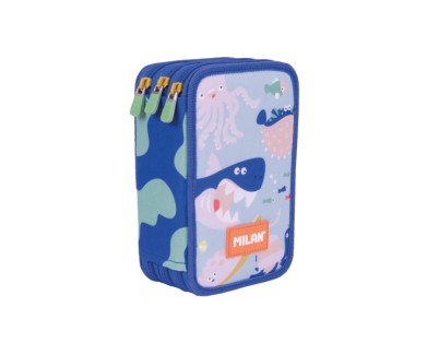 Milan Blue Odyssey Plumier de 3 Pisos con Goma de Borrar - Sacapuntas - Lapiz - 3 Boligrafos - Regla - 12 Lapices de Colores - 6 Lapices de Colores Metalizados - 5 Fluorescentes - Tijeras y 18 Rotuladores - 19.5x13x7.5cm - Multicolor