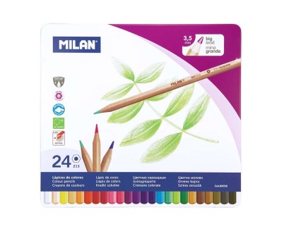 Milan Caja Metalica con 24 Lapices Hexagonales de Colores - Mina 3.5mm - Trazo Uniforme - Resistente a la Rotura - Colores Surtidos