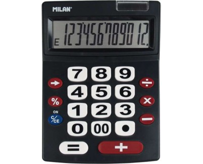 Milan Calculadora 12 Digitos Extra Grande - Teclas Grandes - Tecla Rectificacion Entrada de Datos - Apagado Automatico - Color Negro