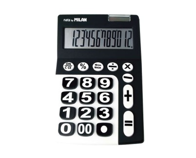 Milan Calculadora de 12 Digitos Extra Grande - Tecla de Rectificacion de Entrada de Datos - Color Negro y Blanco