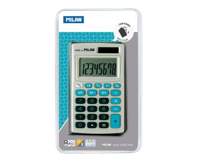 Milan Calculadora de Bolsillo 8 Digitos - 3 Teclas de Memoria y Raiz Cuadrada - Apagado Automatico - Incluye Funda - Color Gris y Azul