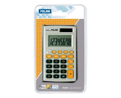 Milan Calculadora de Bolsillo 8 Digitos - 3 Teclas de Memoria y Raiz Cuadrada - Apagado Automatico - Incluye Funda - Color Gris y Naranja