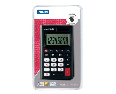 Milan Calculadora de Bolsillo 8 Digitos - 3 Teclas de Memoria y Raiz Cuadrada - Apagado Automatico - Incluye Funda - Color Negro