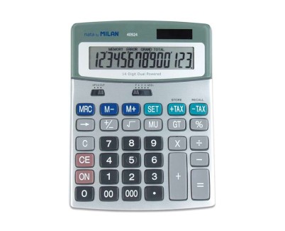 Milan Calculadoras de 14 Digitos - 3 Teclas de Memoria - Funcion Impuestos - Calculo de Margenes - Color Gris