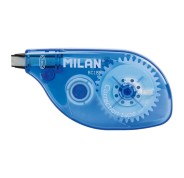 Milan Cinta Correctora 5mm x 8m - Correcion en Seco - Apta para Zurdos Gracias a la Rotacion de 180º de su Punta - Para todo Tipo de Papel - Cuerpo Azul Tranparente