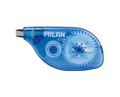 Milan Cinta Correctora 5mm x 8m - Correcion en Seco - Apta para Zurdos Gracias a la Rotacion de 180º de su Punta - Para todo Tipo de Papel - Cuerpo Azul Tranparente