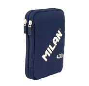 Milan Coleccion 430 Plumier de 2 Pisos con 2 Gomas de Borrar, Sacapuntas, Lapiz, Boligrafo P1 Touch Azul, Regla, 12 Lapices de Colores y 18 Rotuladores - Color Azul