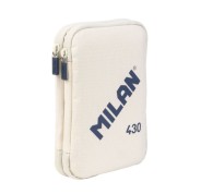 Milan Coleccion 430 Plumier de 2 Pisos con 2 Gomas de Borrar, Sacapuntas, Lapiz, Boligrafo P1 Touch Azul, Regla, 12 Lapices de Colores y 18 Rotuladores - Color Beige