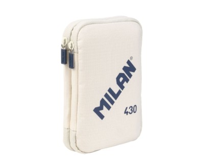 Milan Coleccion 430 Plumier de 2 Pisos con 2 Gomas de Borrar, Sacapuntas, Lapiz, Boligrafo P1 Touch Azul, Regla, 12 Lapices de Colores y 18 Rotuladores - Color Beige