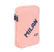 Milan Coleccion 430 Plumier de 2 Pisos con 2 Gomas de Borrar, Sacapuntas, Lapiz, Boligrafo P1 Touch Azul, Regla, 12 Lapices de Colores y 18 Rotuladores - Color Rosa
